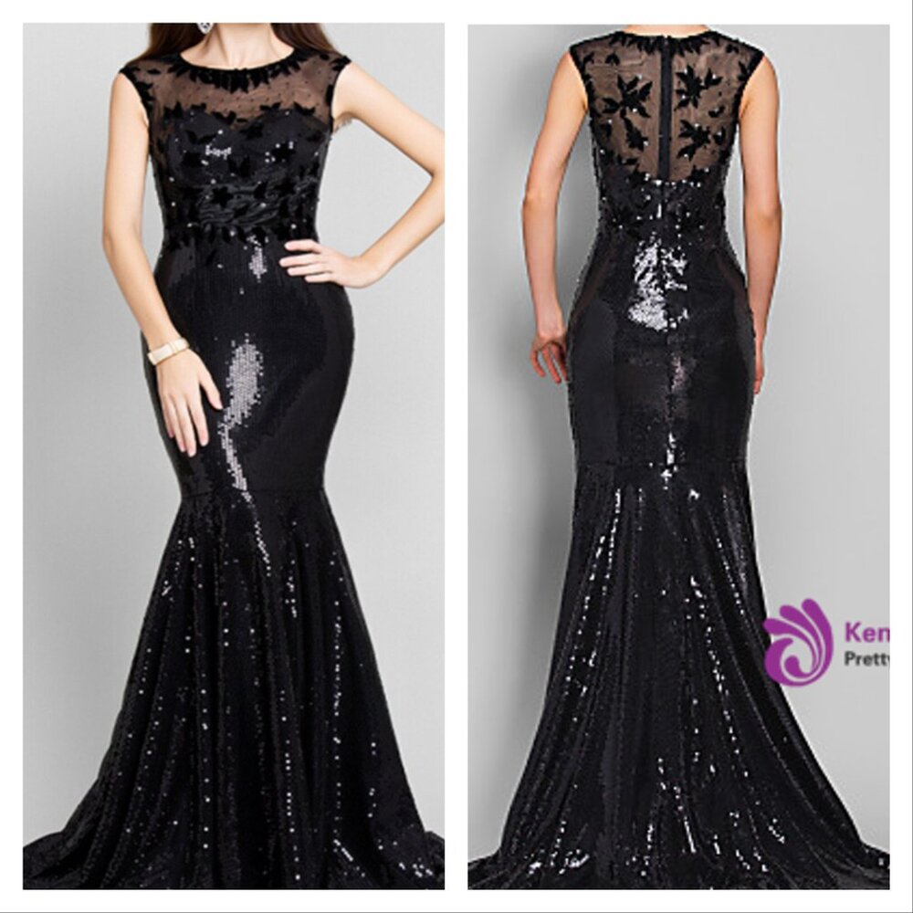 Jessica Howard Black Velvet Sequins Beaded Mermaid Trumpet Evening Gown 0
